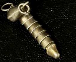 A silver metal articulated flacid penis pendant with arousal chain