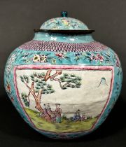 Japanese oviform vase and cover showing landscapes