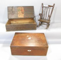 A Teacher Whisky wooden crate for two bottle, circa 1900’s, a miniature wooden rocking chair, and