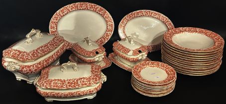 Royal Worcester dinnerware with repeating red ground floral detail including tureens, soup plates,