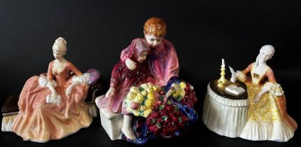 Six Royal Doulton figures comprising Meditation, Reverie, Old Meg, Bon Appetit, Lunchtime and Flower