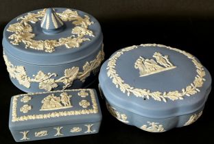 Three Wedgwood jasperware trinket boxes, Wedgewood figure, The Imperial Banquet, Worcester figure,