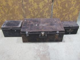 Two vintage Japanned tin deed boxes, a further tin cash box and trunk (4) (af)