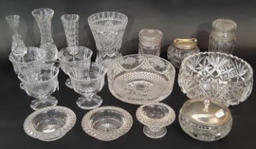 A mixed selection of clear cut glass, including fruit bowls, vases, dessert bowls, jars etc.