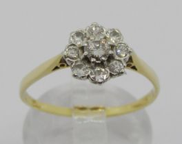 Yellow metal diamond cluster ring, centre stone 0.20ct approx, size P/Q, 2.1g