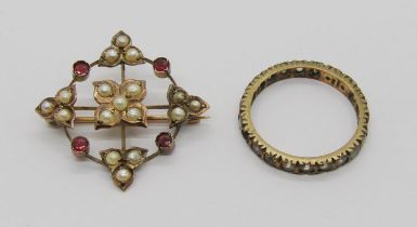 Antique 9ct pearl and garnet quatrefoil brooch, 2.4g and a 9ct white stone eternity ring (af), 1.