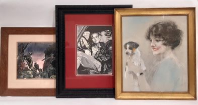 Three framed 20th century artworks to include: Peter Andrews (local artist) - WWII illustration in