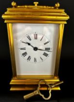 Good quality contemporary brass carriage clock with enamelled dial, eight day movement and strike