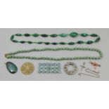 Jade bead necklace with yellow metal clasp, 66cm L approx, plus a small quantity of costume