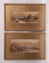 Pair of 19th century mountainous landscapes depicting a woman in red dress walking towards a