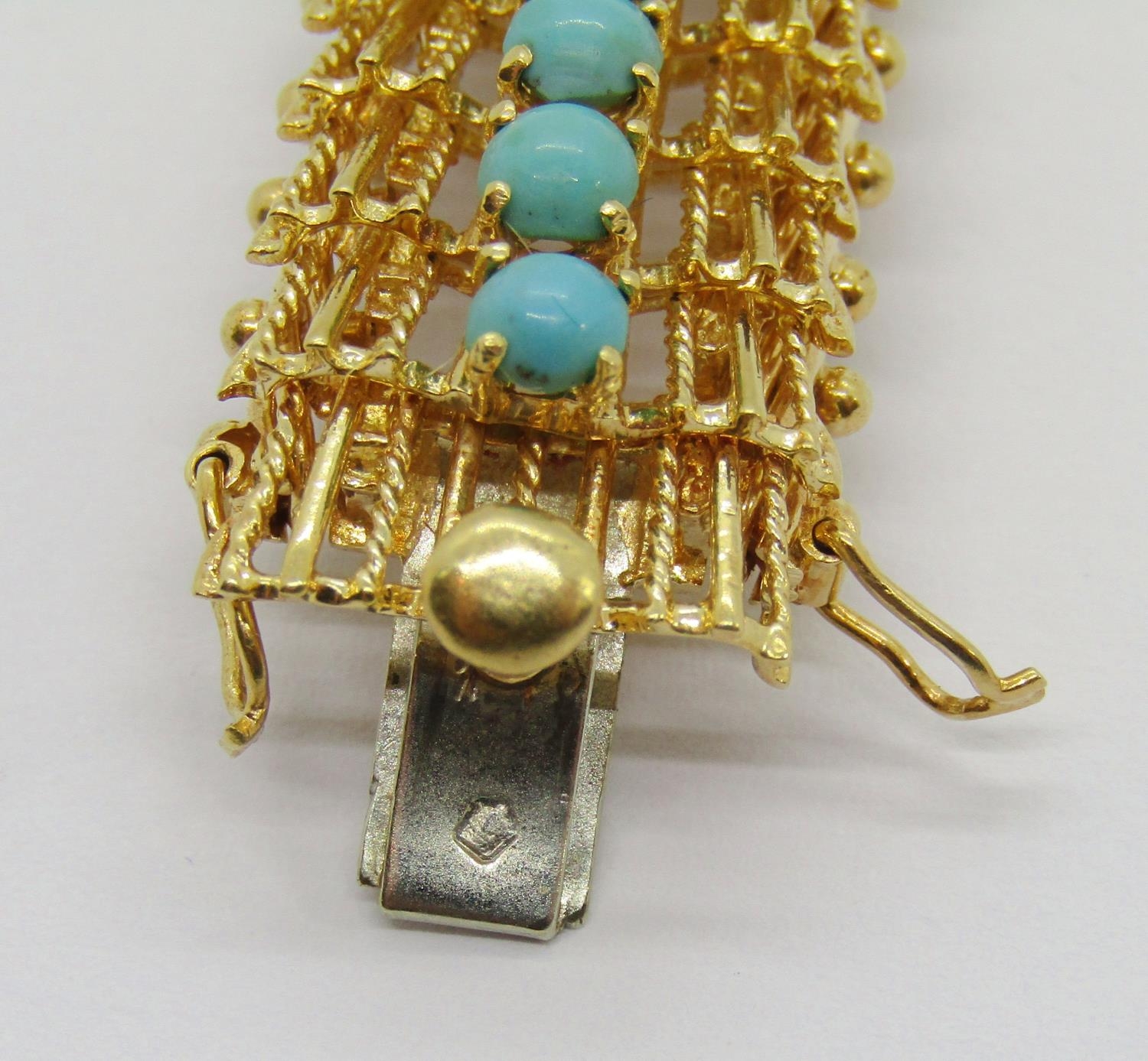 Vintage foreign yellow metal bracelet set with a line of turquoise cabochons (one vacant), with twin - Image 6 of 6
