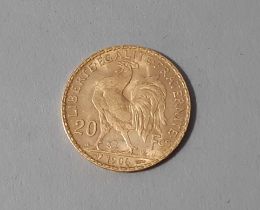 French 20 Fran coin with Rooster, to the reverse the head of Marianne, 6 gms