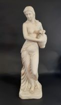 A marble carved statue in the classical style of a semi naked woman holding an vase, 81cm tall.