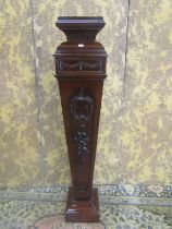 Edwardian mahogany torchere of square tapering form and applied with carved detail set of a