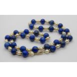 Lapis lazuli, pearl and 9ct rondel bead necklace with 9ct clasp, 60cm L approx