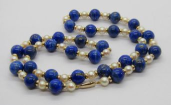Lapis lazuli, pearl and 9ct rondel bead necklace with 9ct clasp, 60cm L approx