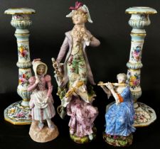 Pair of 19th century Meissen ceramic figures, female musicians playing pipes, a further 19th century