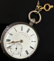 A silver cased fob / pocket watch, the enamelled dial with black Roman numerals and subsidiary