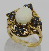 Vintage 9ct cabochon opal and sapphire cluster quatrefoil dress ring, size M, 5.2g