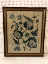 Early 20th century wool embroidery of flowers and leaves, frame size: 72 x 60 cm, glazed and framed