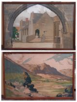 Pair of framed chomolithographs after Norman Wilkinson and Frank Sherwin: town scene, glazed, 79 x