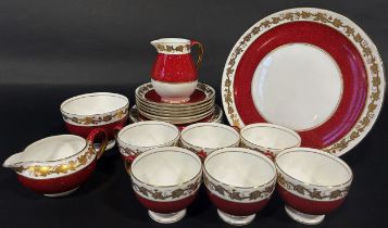Wedgwood Whitehall tea service for six with maroon ground panels, with classic trailing ivy leaf