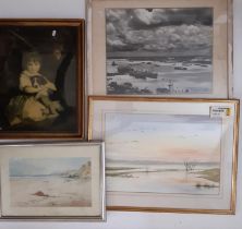 Mixed decorative pictures and prints to include a watercolour landscape with geese by George Cox;
