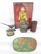 A collection of Far East objects, including a bronze two handled bowl 12cm diam, a small cloisonné