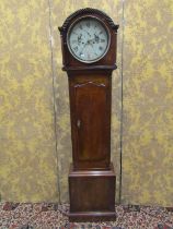 A local Georgian mahogany longcase clock enclosing a circular dial with painted bird detail by