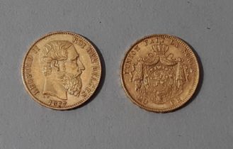 Two Leopold II Belgian 20 Fran coins 1877 & 1892, 13 gms