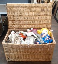 Large hamper (80x44x44cm) containing a collection of colourful hand crafted rag dolls (20) including