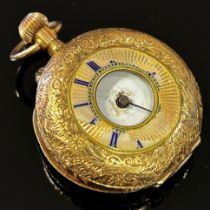 A small continental 14k yellow gold cased fob / pocket watch, with enamelled numerals to the