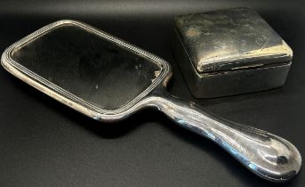 A silver hand mirror and a silver cigarette box, both (af) (2)