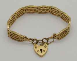 Vintage 9ct gate link bracelet with heart padlock clasp, 22.6g