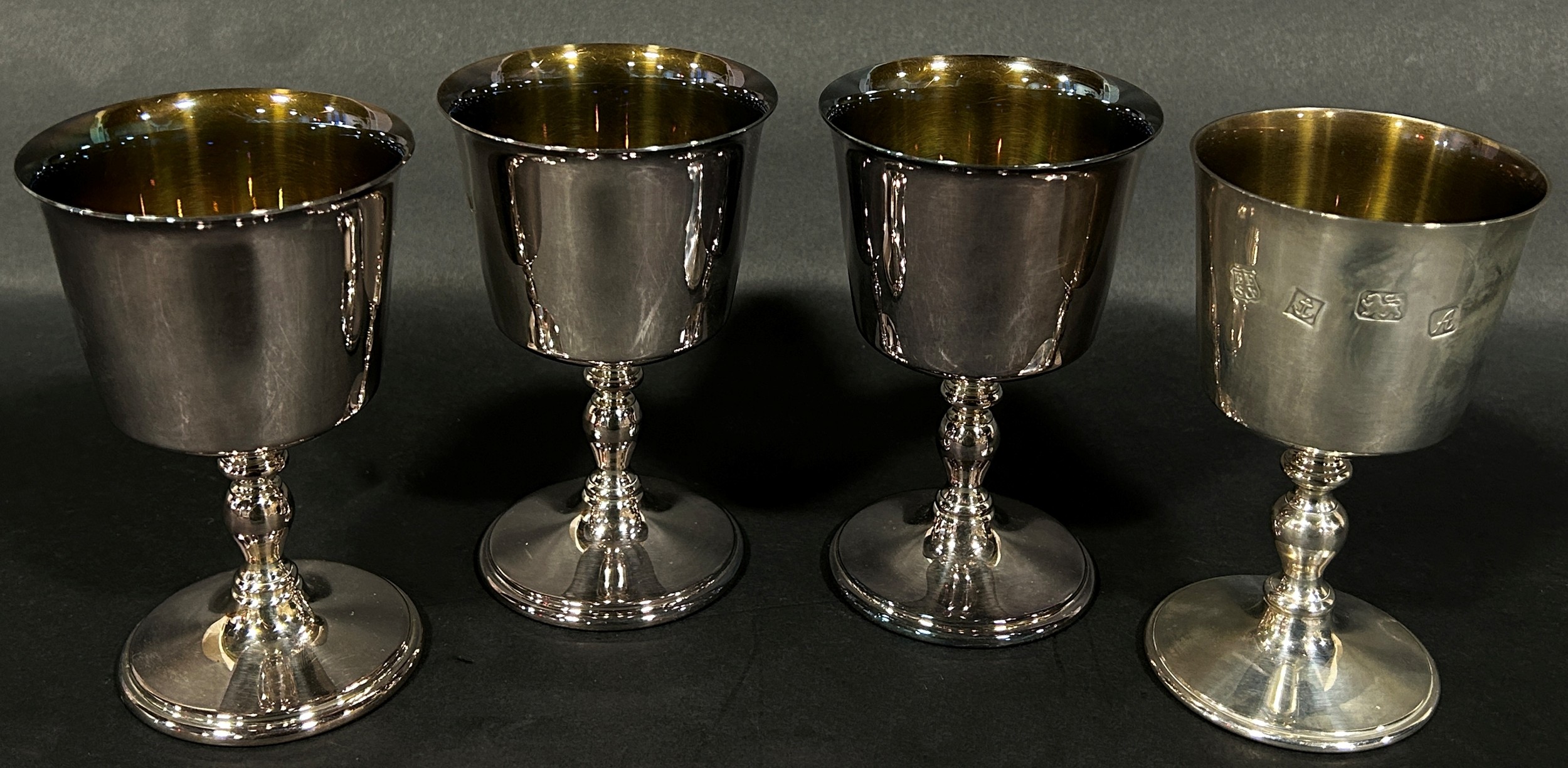 Four silver gilt wine goblets, Birmingham, late 20th century, makers Barker Ellis Silver Company, 12