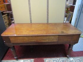 Early 19th century rosewood square piano, raised on four turned and fluted supports, single peddle