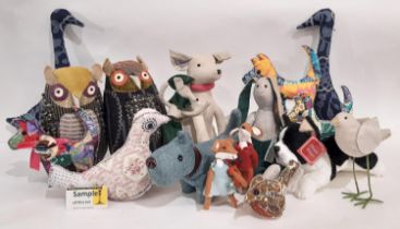 Large collection of hand crafted contemporary soft toy animals including dogs, birds, teddy bears
