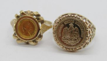 Two vintage 9ct Mexican coin rings; a Maximiliano Emperador example and a Dos Pesos example, 6.1g
