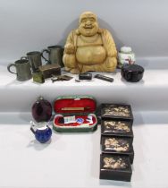 A miscellaneous collection of items including a carved wooden Happy Buddha / Budai, 28cm x 31cm,