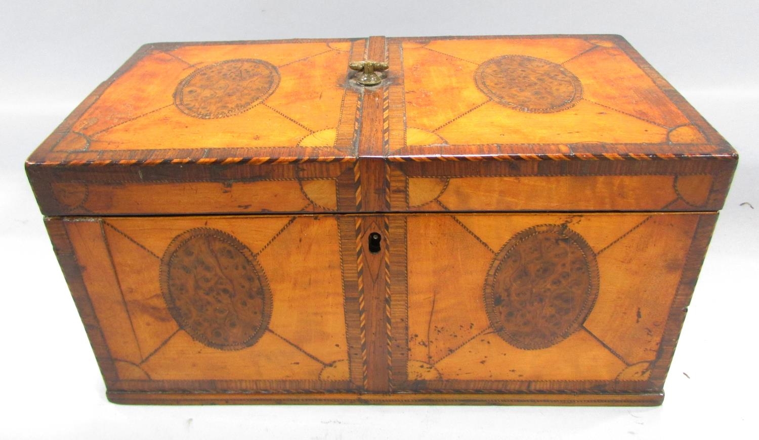 An 18th century satinwood and burr walnut veneered tea caddy, the lid opening to reveal two matching - Image 3 of 4