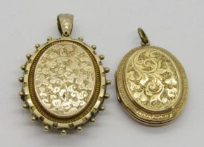 Two antique Aesthetic Movement yellow metal lockets with engraved decoration
