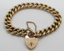 Antique 9ct curb link bracelet with heart padlock clasp, 19.6g