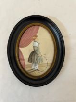 19th Century Naive School - portrait of a boy holding a hoop, standing in profile, watercolour on