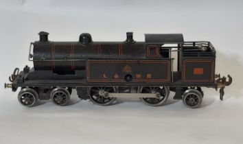 Clockwork O gauge 4-4-2 LNWR locomotive by Bassett-Lowke in black livery with LOWKO trademark, no