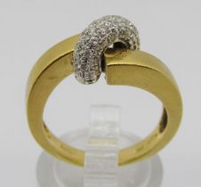 Italian 'Vento' 18ct bi-colour stylised crossover ring, pavé set with diamonds, size N, 7.4g