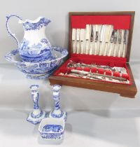 A part set silver plated canteen of cutlery and an Italian Tower pattern toilet set of jug bowl,