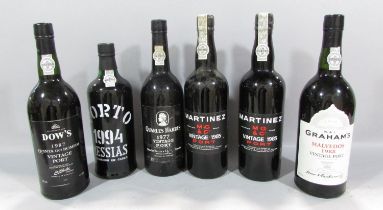 Six bottles of vintage port, two Martinez Vintage 1985, one Messias 1994, one Quarles Harris 1977,