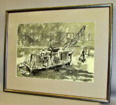 Michael Fussell (British, 1927-1974) - Dredger at the Harbour (1969), pen and ink wash on paper,