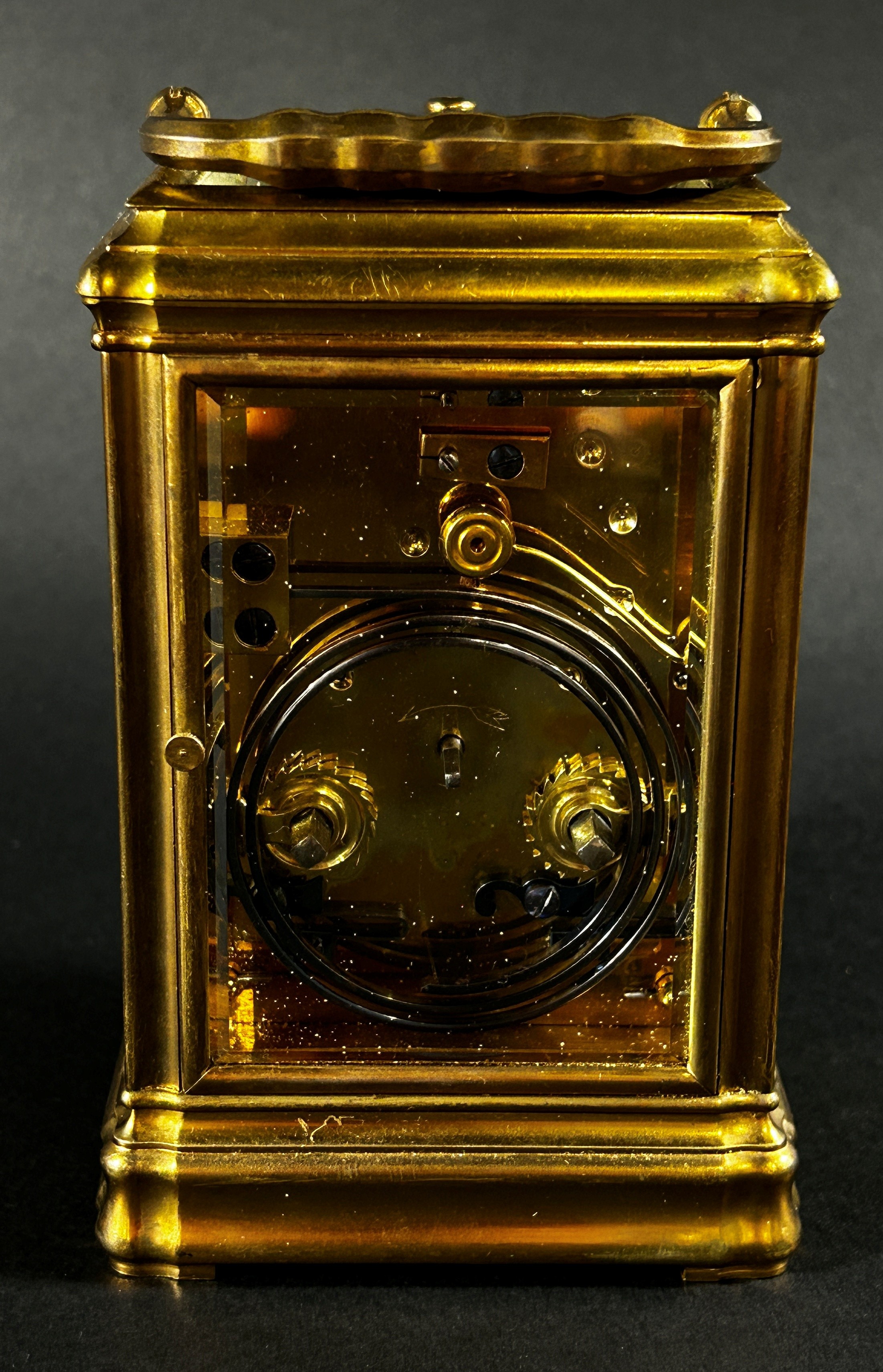 A 19th century brass carriage clock with enamelled dial, with eight day striking movement, currently - Image 3 of 5