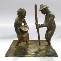 A bronze study of two South East Asian Farmers toiling. 12cm high x 12cm.